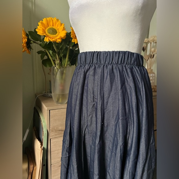 Blue Jean Dark Denim Modest Midi Elastic High-Waist Flare Knee-Length Skirt XS - Picture 3 of 16